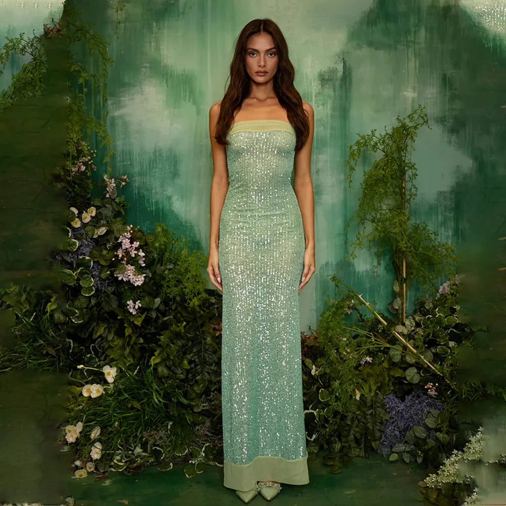Strapless Sequin Hooded Sheer Shawl Mermaid Bodycon Maxi Gown 3