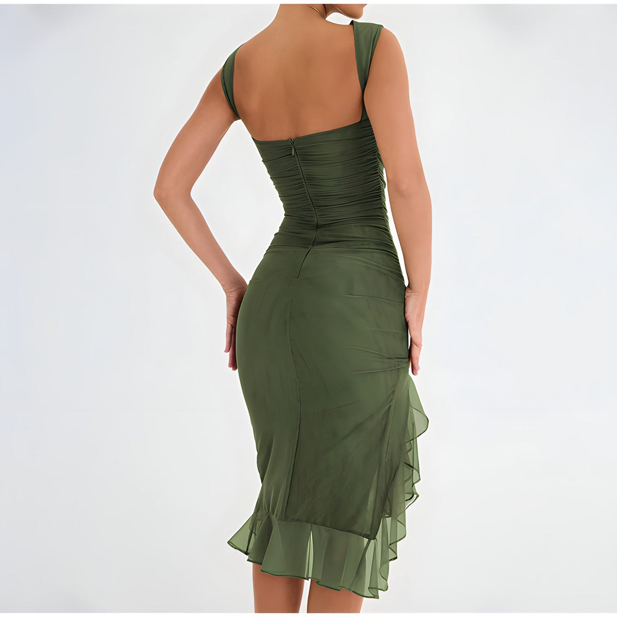 Ruched Crew Neck High Split Ruffle Hem Bodycon Midi Dress 6