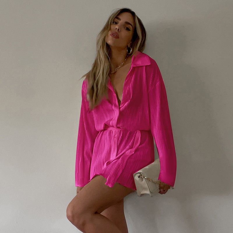 Collared Button Front Pleated Tie Waist Shirt Mini Dress 2