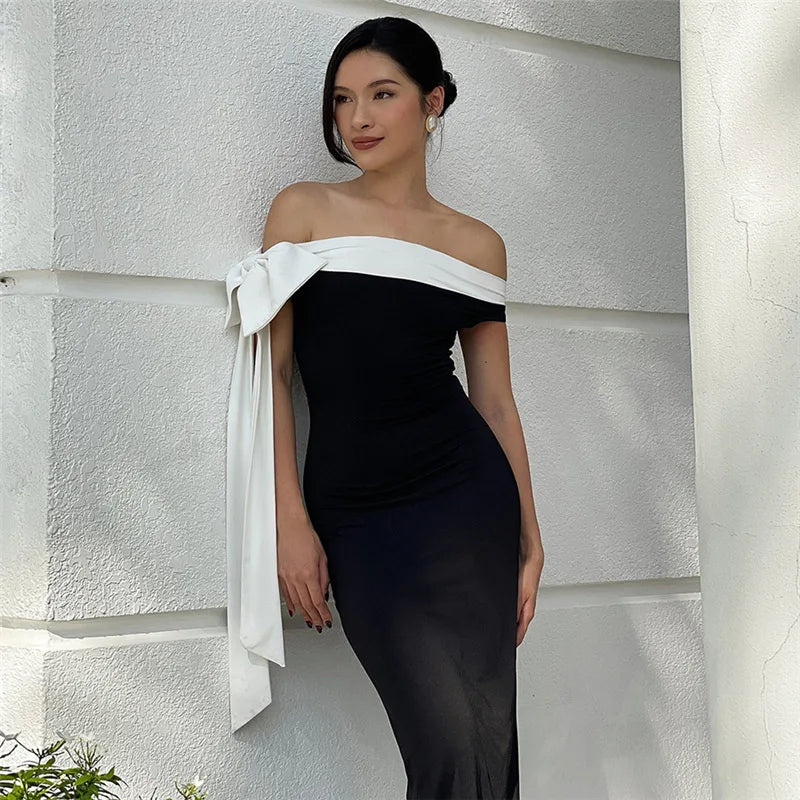 Off Shoulder Contrast Bow Shoulder Ribbon Bodycon Maxi Dress 19