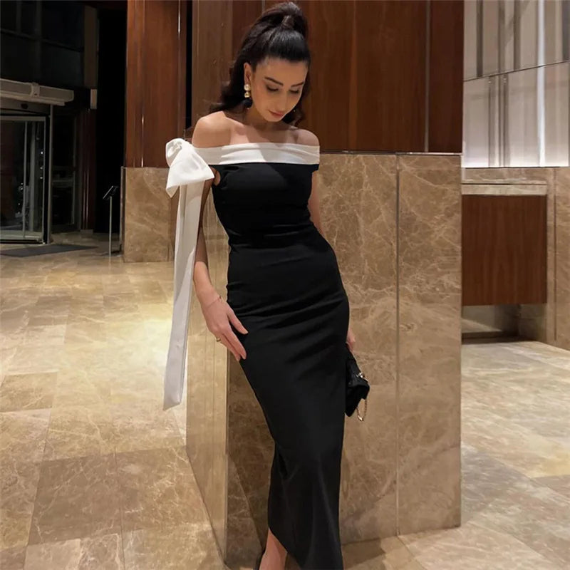 Off Shoulder Contrast Bow Shoulder Ribbon Bodycon Maxi Dress 15