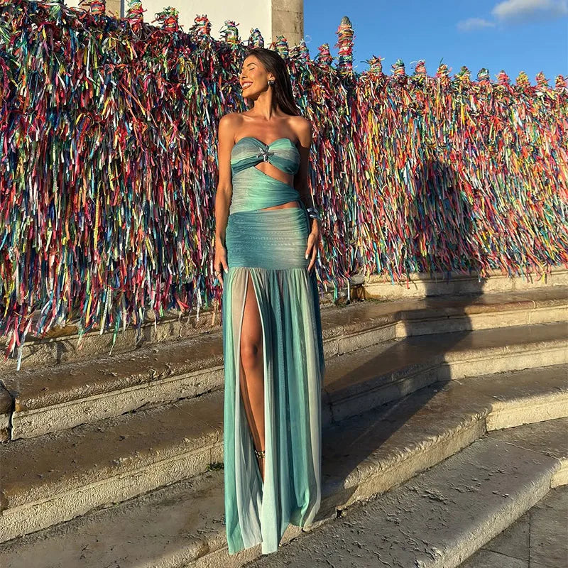 Strapless Starfish Brooch Side Cutout Ruched High Slit Maxi Dress 8