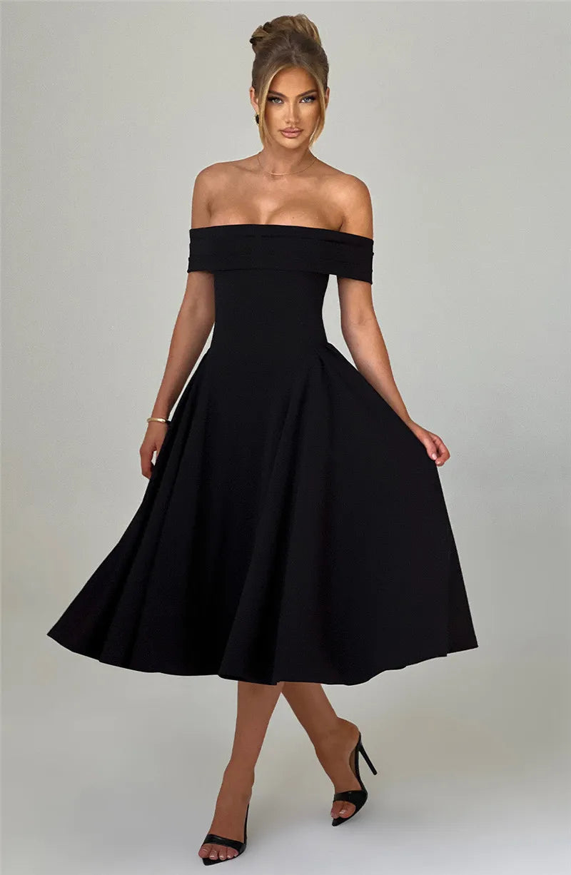 Off-Shoulder Folded Band Box Pleat Flare Midi Dress 11