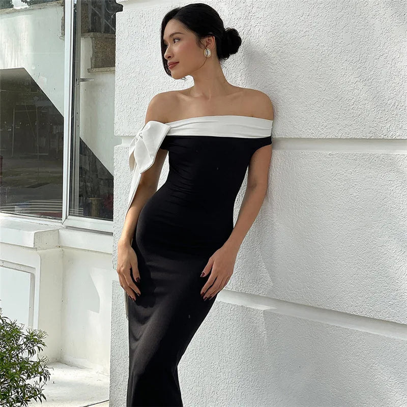 Off Shoulder Contrast Bow Shoulder Ribbon Bodycon Maxi Dress 18