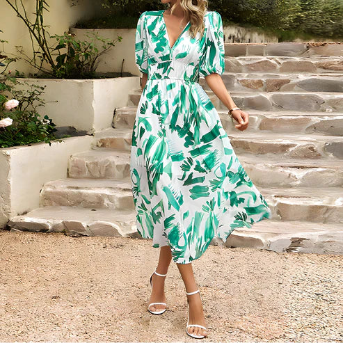 Abstract Floral Print Puff Sleeve Smocked Waist A-Line Midi Dress 6