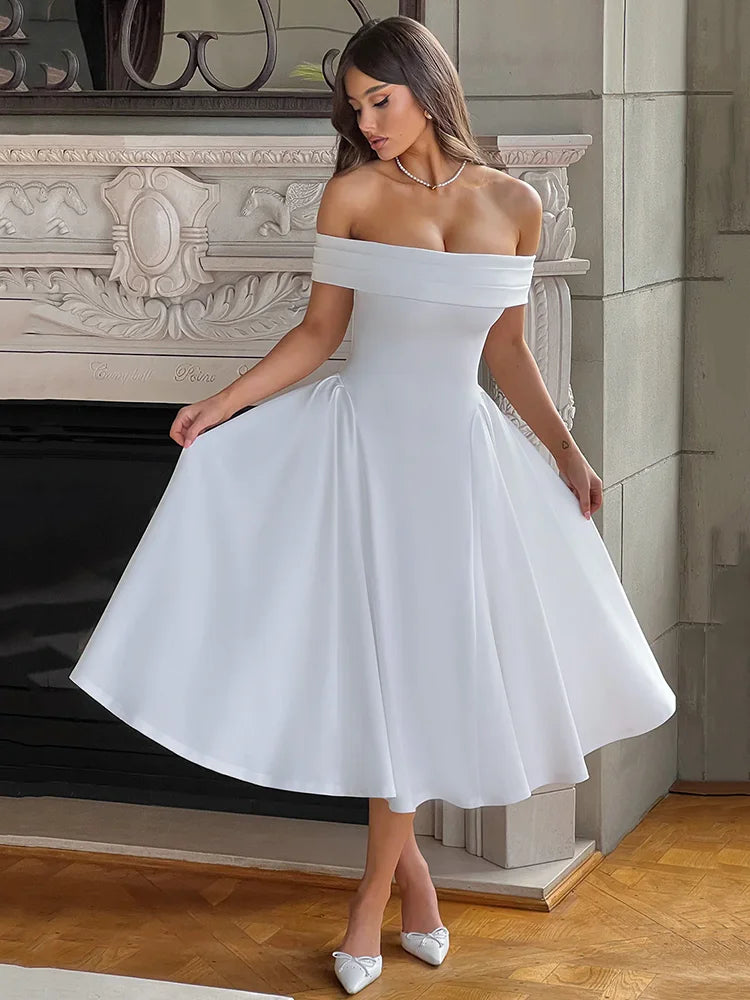 Off-Shoulder Folded Band Box Pleat Flare Midi Dress