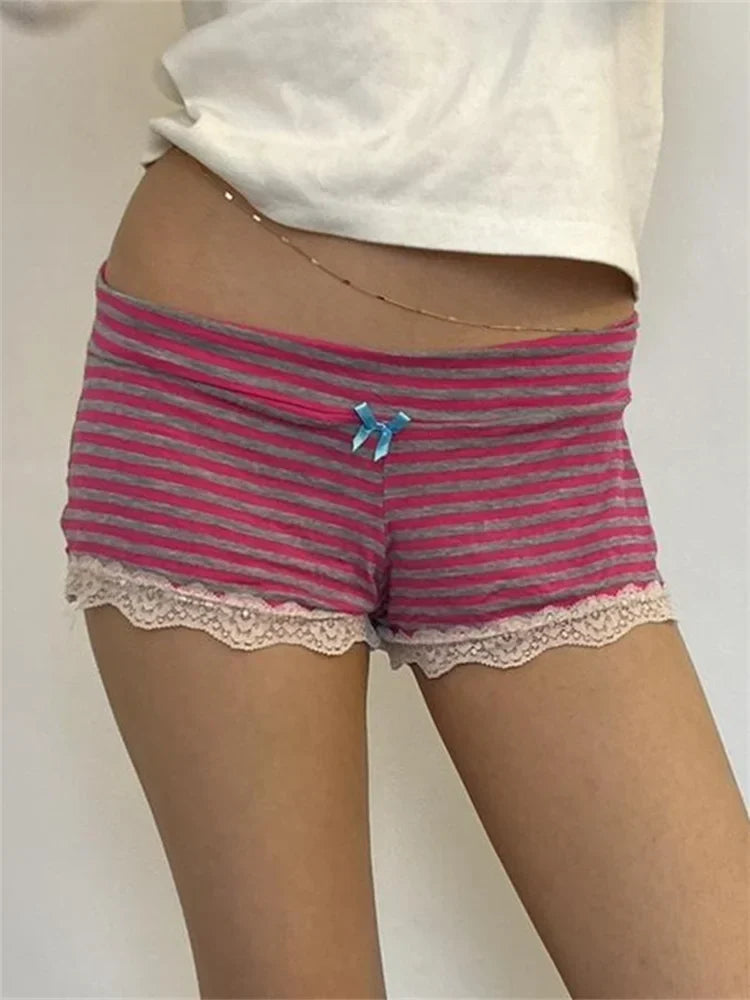 Red Striped Low-Waist Bow Lace-Trim Lounge Shorts