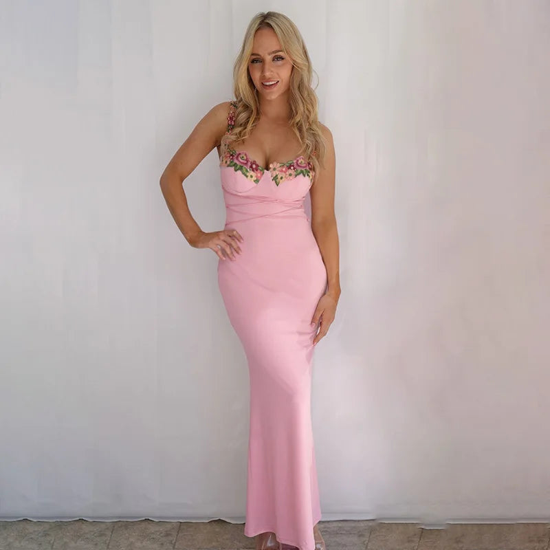 Sweetheart Floral Embroidery Strap Corset Waist Lace-Up Tassel Bodycon Midi Dress 4