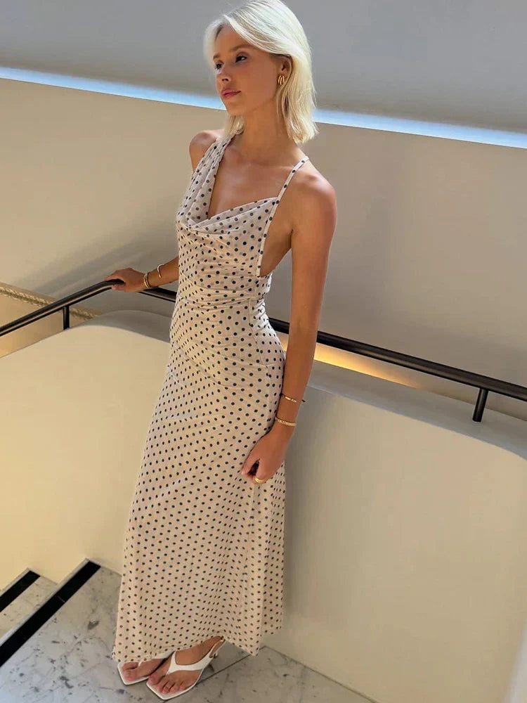 Cowl Neck Polka Dot Spaghetti Strap Maxi Dress 4