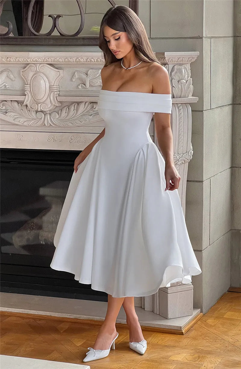 Off-Shoulder Folded Band Box Pleat Flare Midi Dress 3