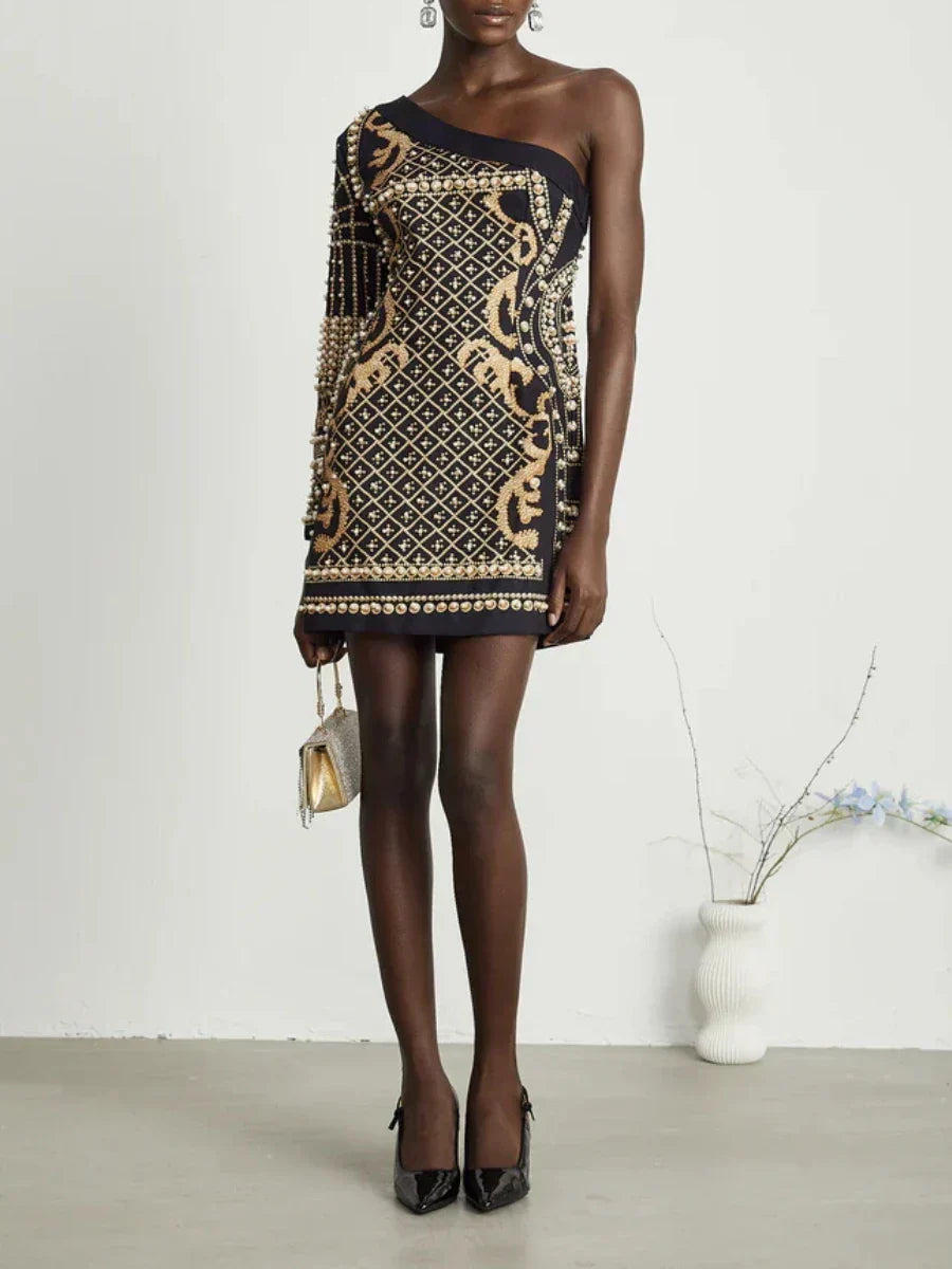 One Shoulder Pearl Beaded Baroque Lattice Embellished Mini Dress 2