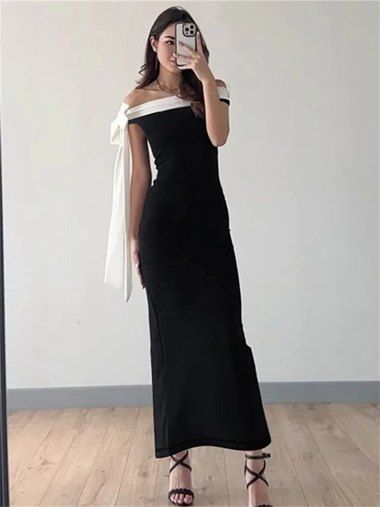 Off Shoulder Contrast Bow Shoulder Ribbon Bodycon Maxi Dress 5
