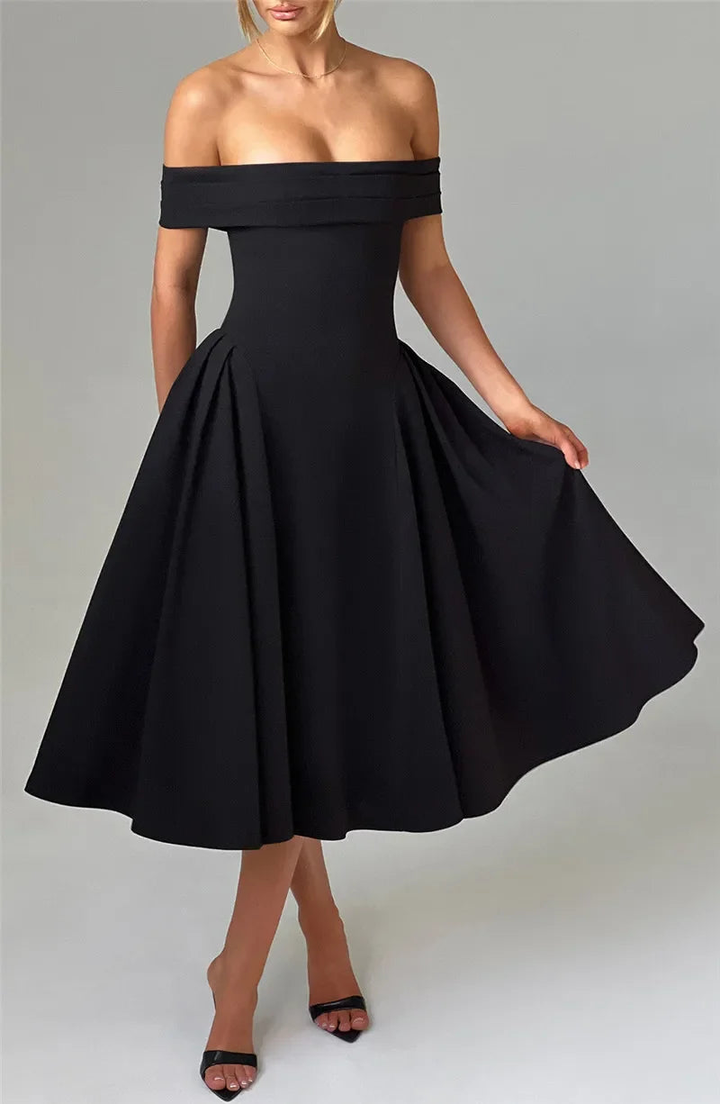 Off-Shoulder Folded Band Box Pleat Flare Midi Dress 13