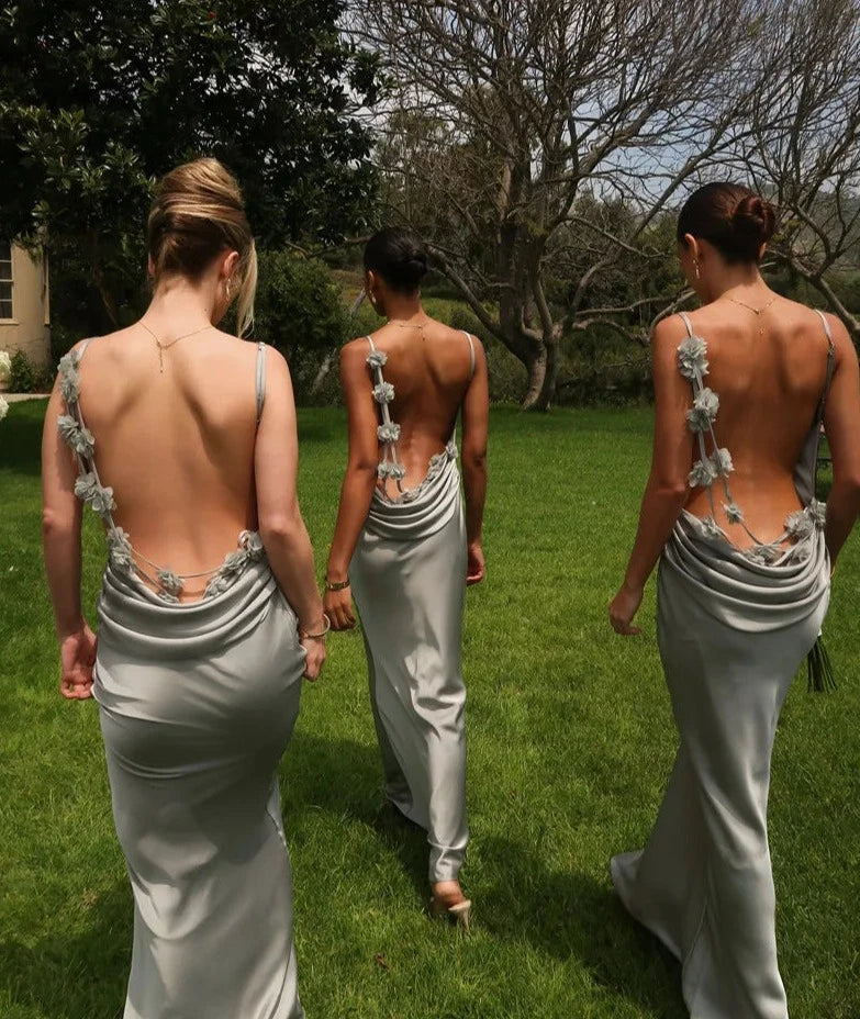 Cowl Back 3D Floral Applique Spaghetti Strap Maxi Gown