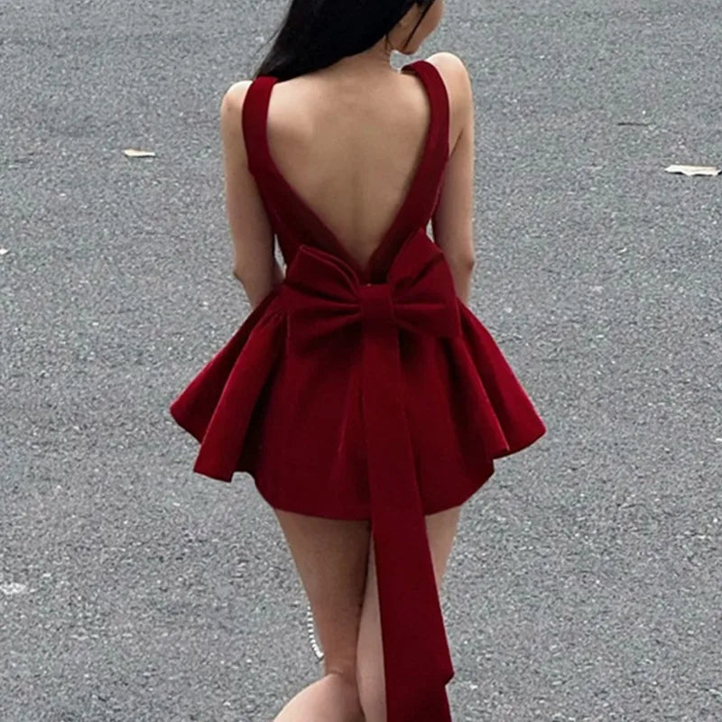 Spaghetti Strap Open Back Oversized Bow Flared Mini Dress 6