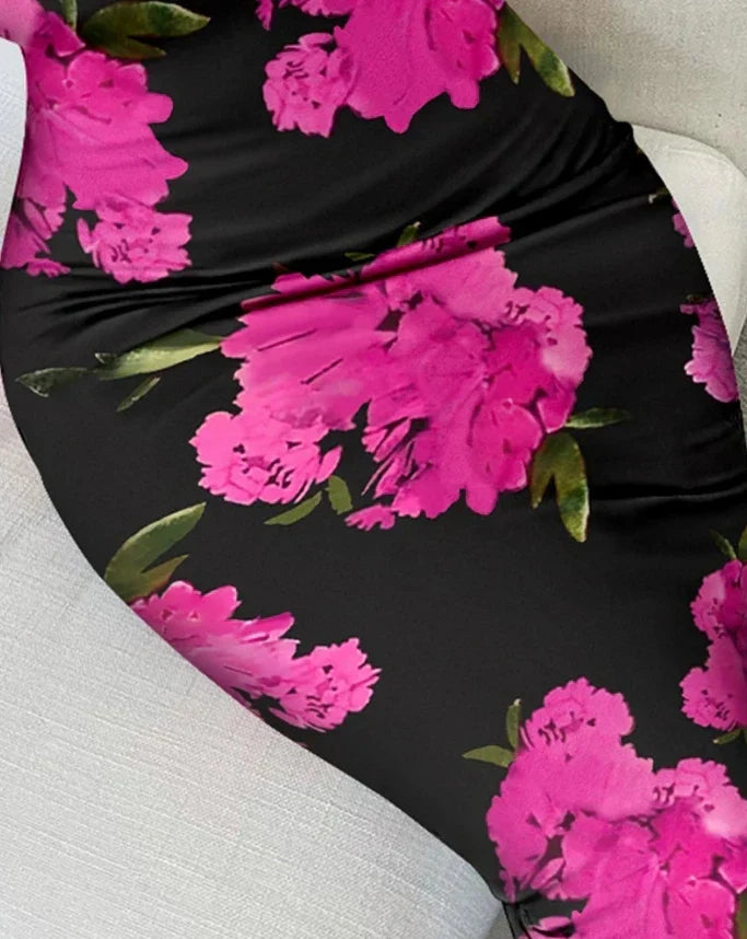 Scoop Neck Lace Trim Spaghetti Strap Floral Print Bodycon Midi Dress 2