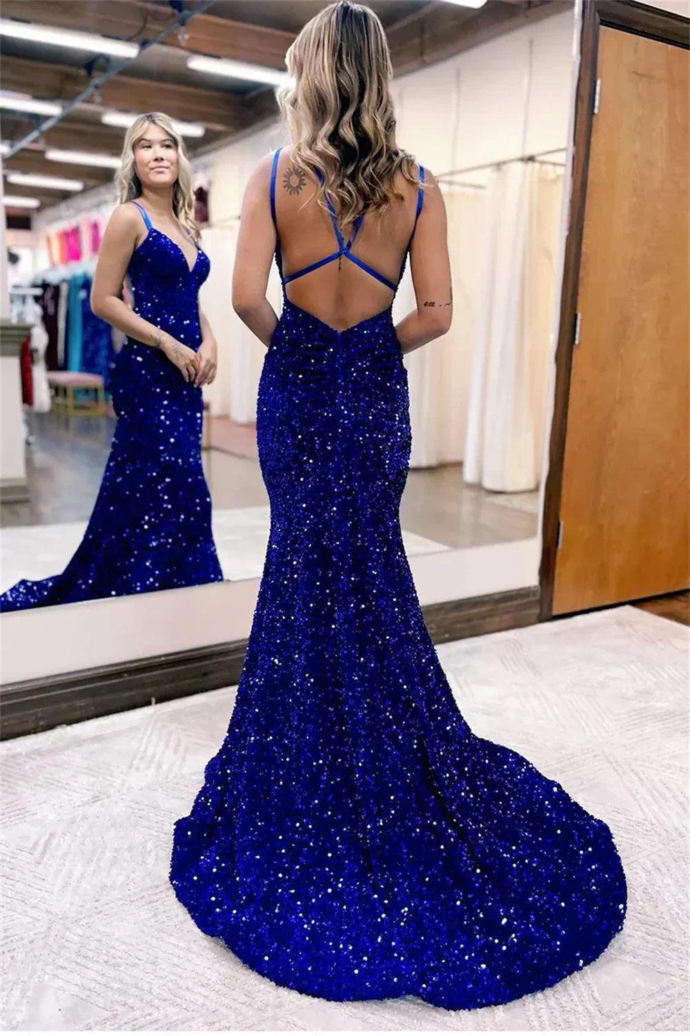 Sequin Criss Cross Back Deep V-Neck Mermaid Maxi Gown 5