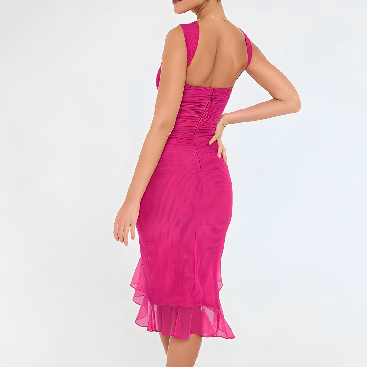 Ruched Crew Neck High Split Ruffle Hem Bodycon Midi Dress 10