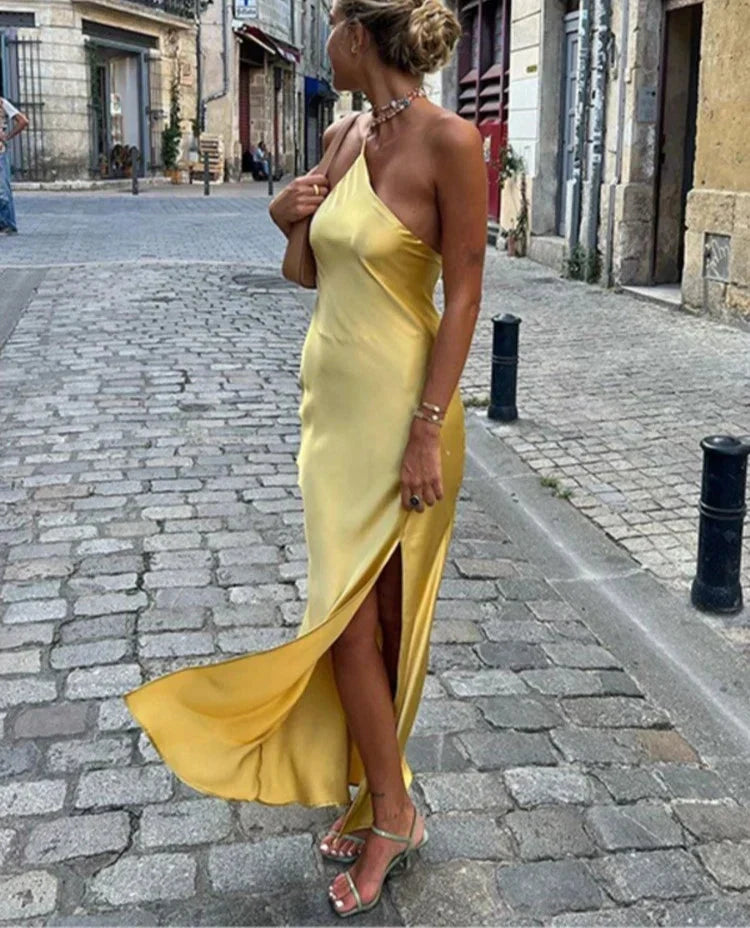 Asymmetric Strap Backless Slit Satin Maxi Dress 2