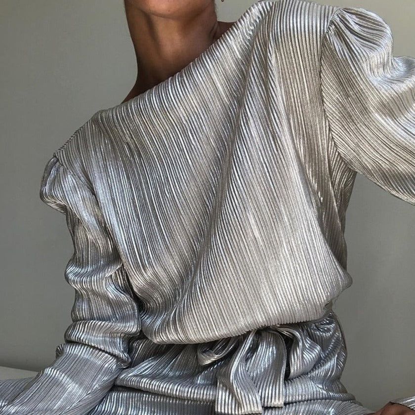 Metallic Ribbed Pleated Long Sleeve Tie Waist Side Slit Midi Dress 2