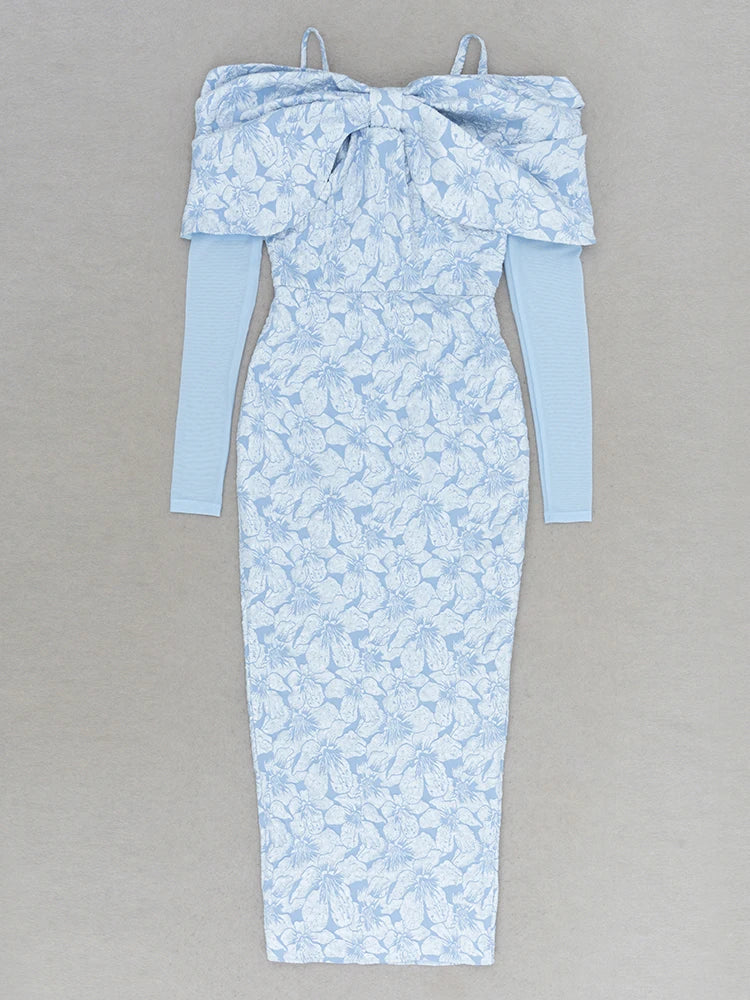 Spaghetti Strap Draped Bow Overlay Floral Lace Mesh Sleeve Midi Dress 10