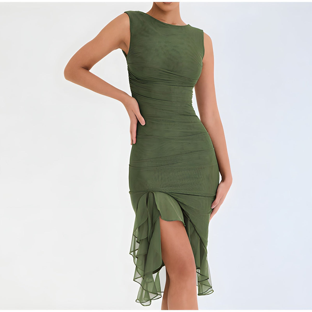 Ruched Crew Neck High Split Ruffle Hem Bodycon Midi Dress 4