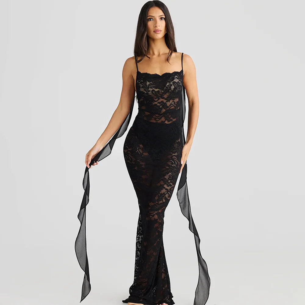 Lace Backless Spaghetti Strap Trailing Ribbon Ruffle Maxi Dress 14
