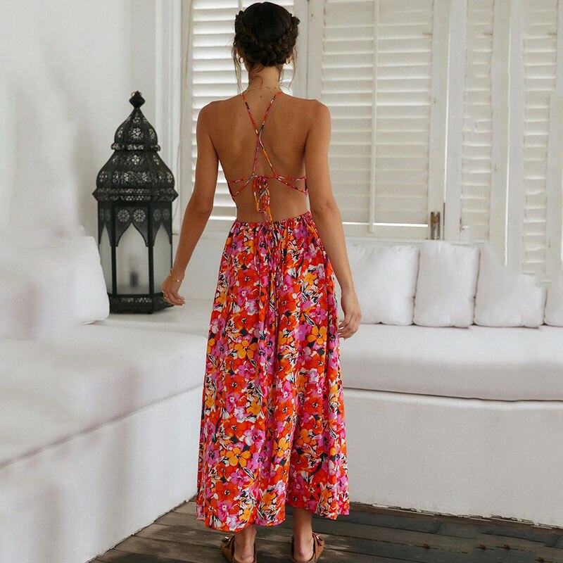 Halter Neck Keyhole Chest Waist Cutout Floral Print Side Slit Maxi Dress 5
