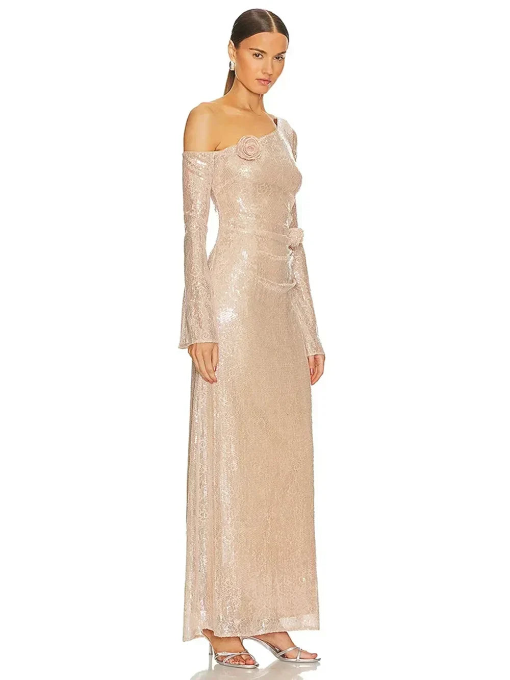 Sequin One-Shoulder Rosette Applique Long Sleeve Column Maxi Gown 2