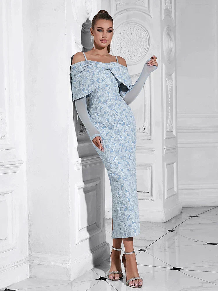 Spaghetti Strap Draped Bow Overlay Floral Lace Mesh Sleeve Midi Dress 4