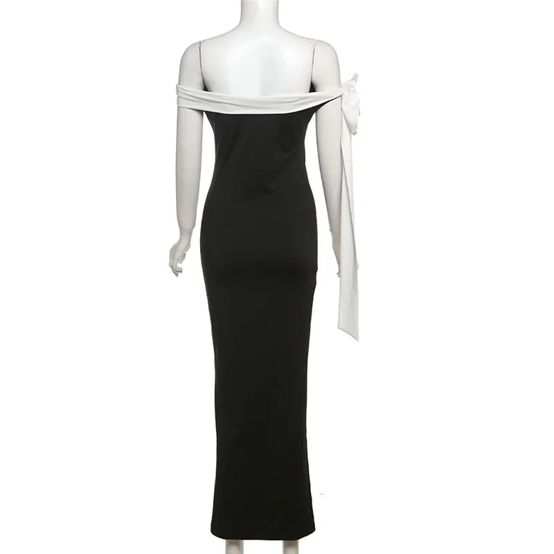 Off Shoulder Contrast Bow Shoulder Ribbon Bodycon Maxi Dress 9