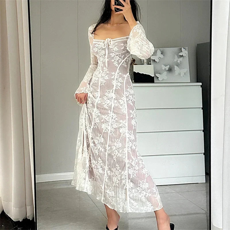 Square Neck Tie Detail Lace Bell Sleeve Paneled Midi Dress 3