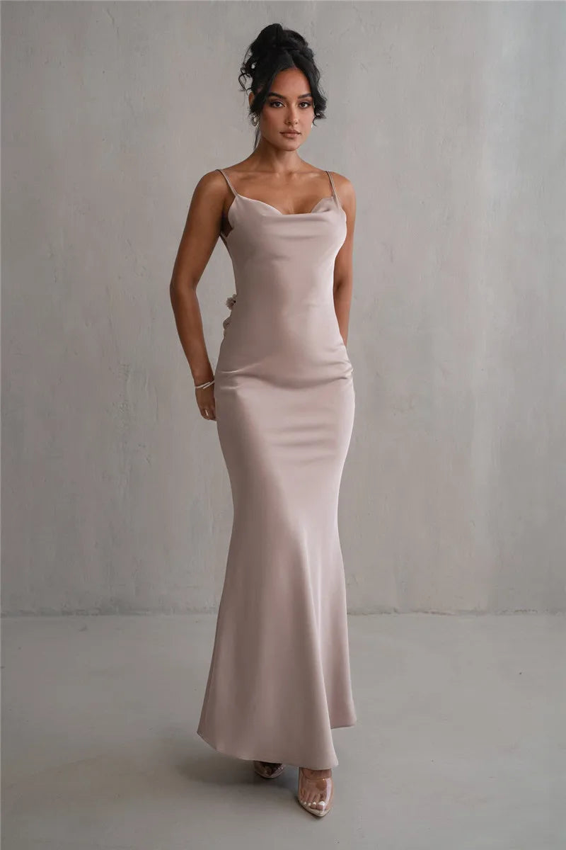 Spaghetti Strap Floral Applique Cowl Back Satin Maxi Dress 15