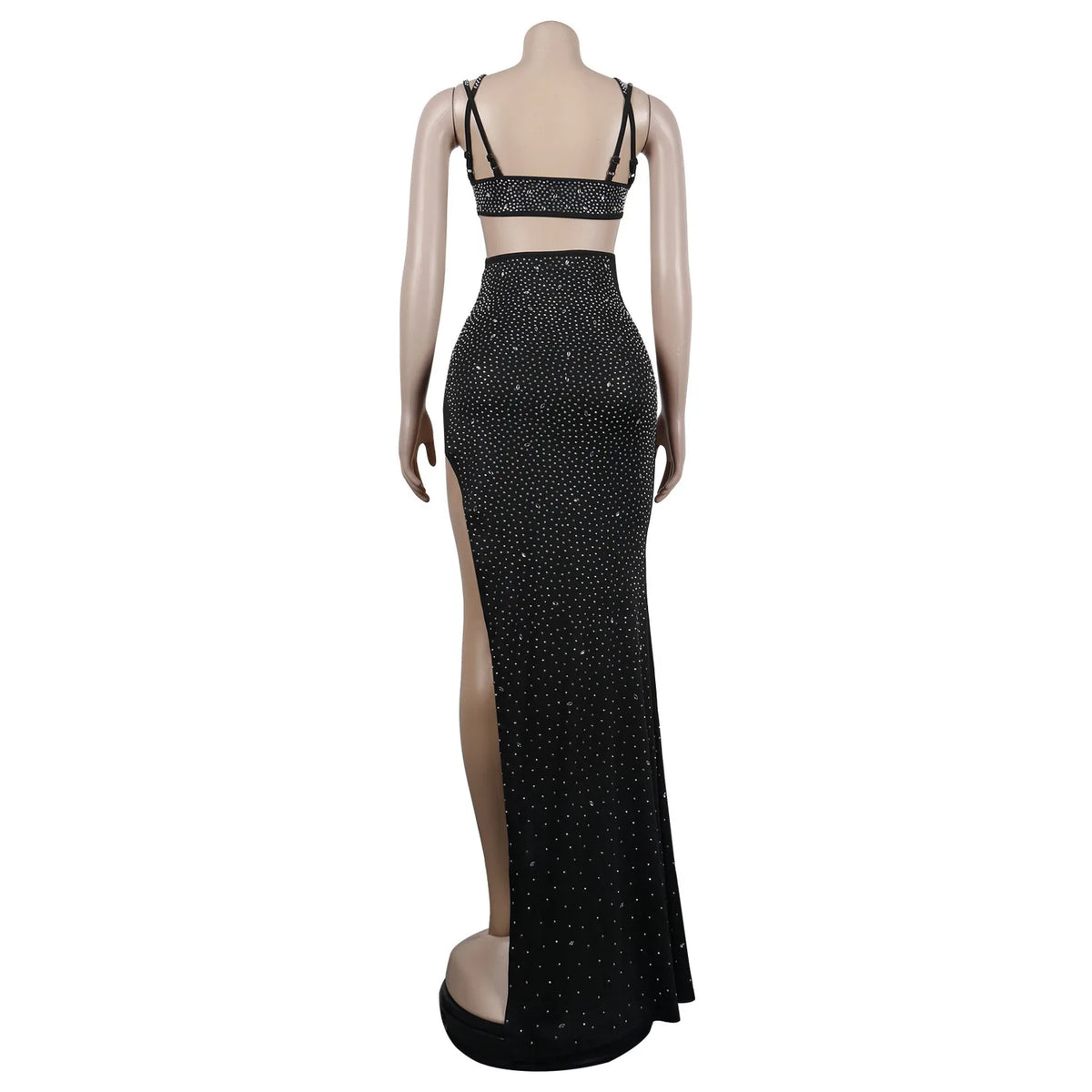 Rhinestone Mesh Spaghetti Strap Waist Cutout High Slit Maxi Dress 8