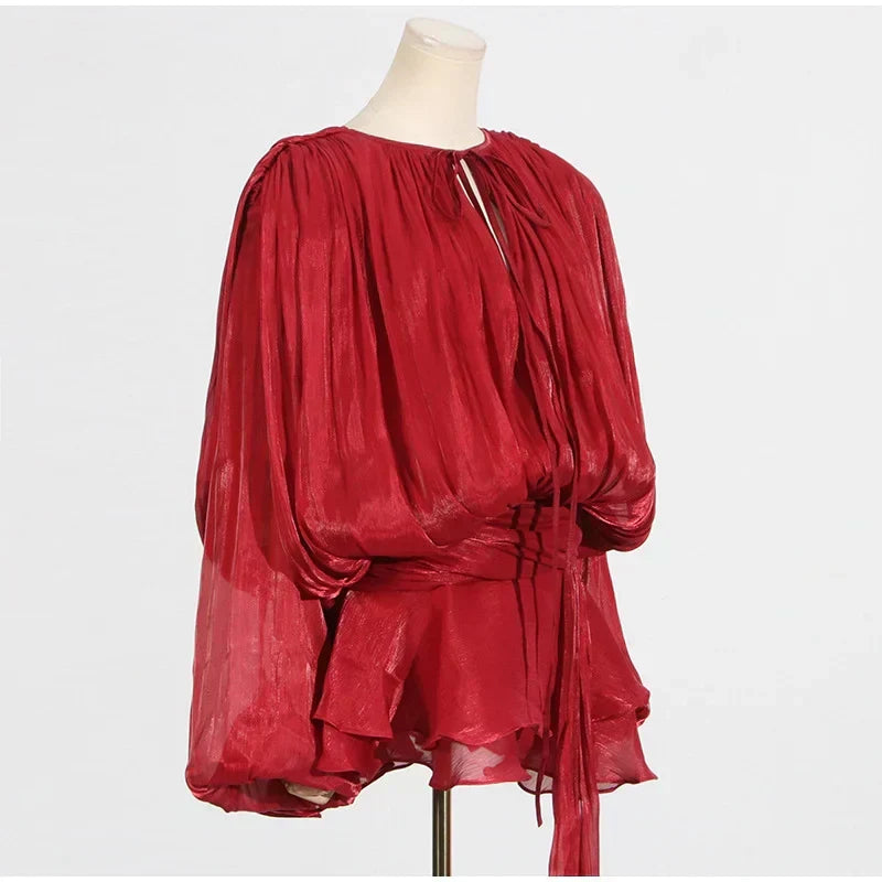 Keyhole Tie Neck Pleated Bishop Sleeve Tiered Ruffle Skirt Set 9