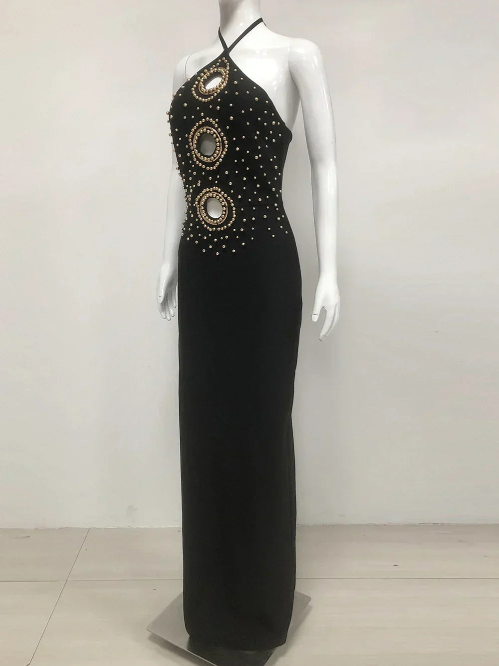 Halter Ring Cut Out Studded Thigh Slit Backless Maxi Gown 8