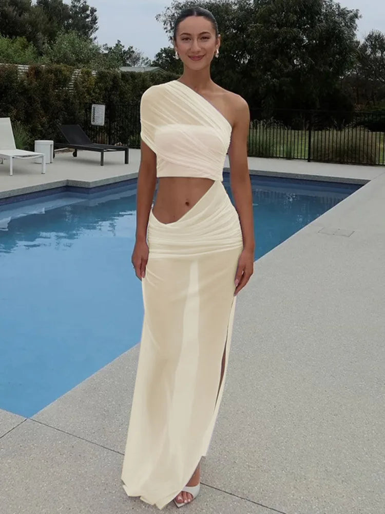 One Shoulder Mesh Draped Crop Top High Slit Maxi Skirt Set 25