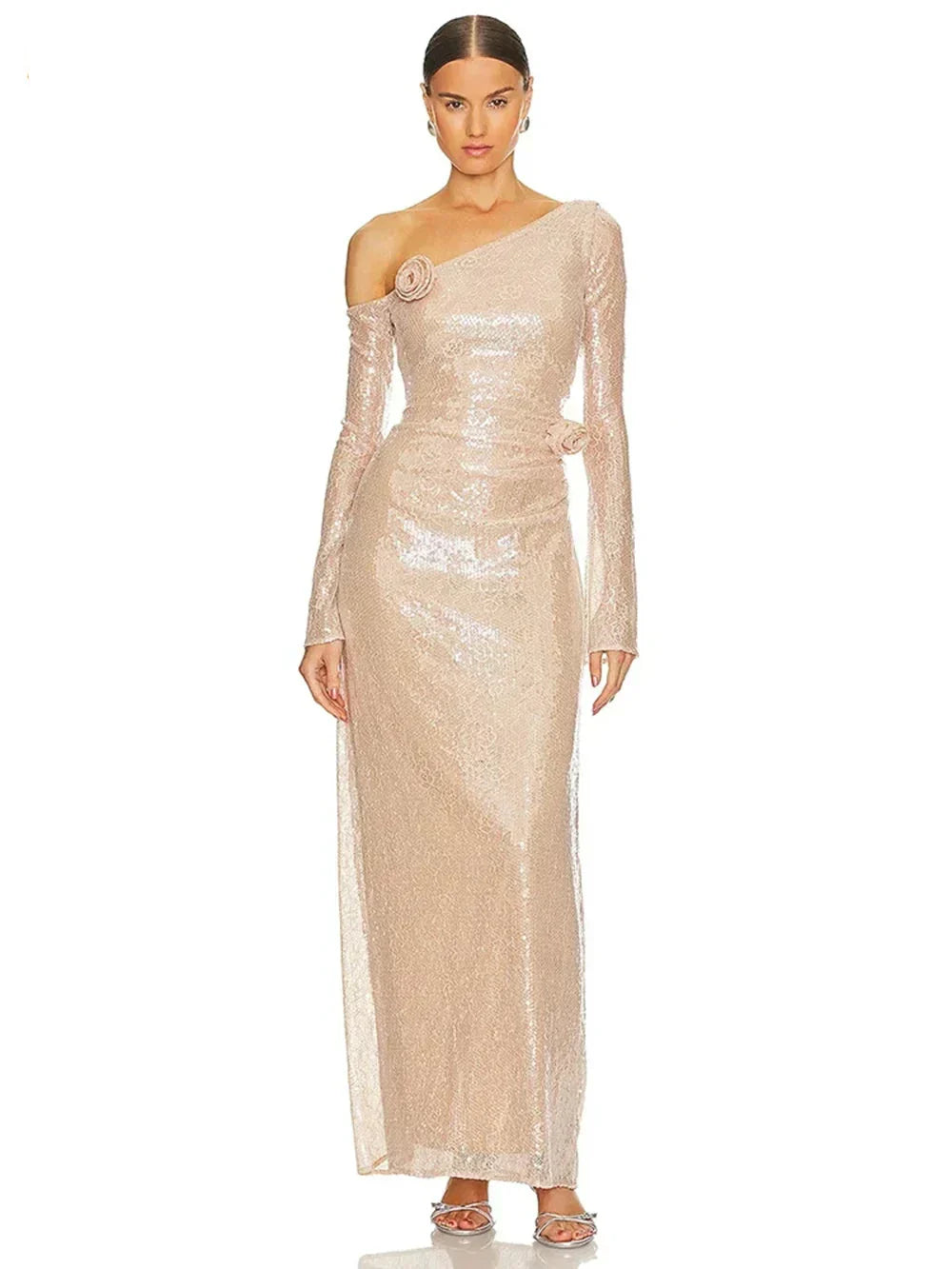 Sequin One-Shoulder Rosette Applique Long Sleeve Column Maxi Gown 11