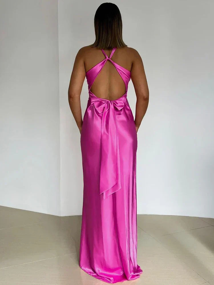 V-Neck Twist Front Bow Back Satin Maxi Dress 5