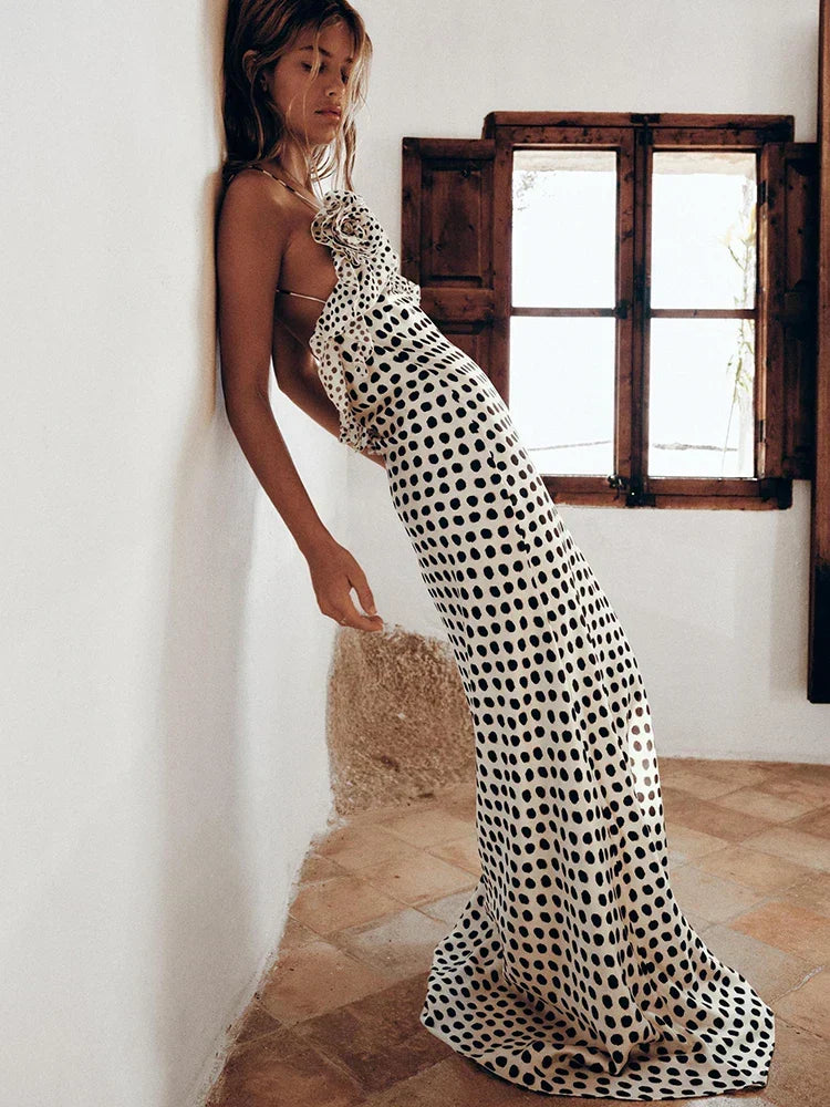 Polka Dot Floral Rosette Ruffle Trim Spaghetti Strap Slip Maxi Dress 2