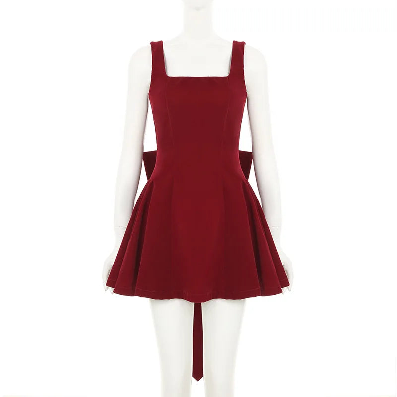 Spaghetti Strap Open Back Oversized Bow Flared Mini Dress 8