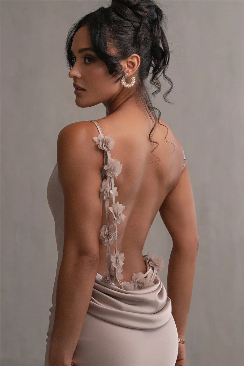 Spaghetti Strap Floral Applique Cowl Back Satin Maxi Dress 22