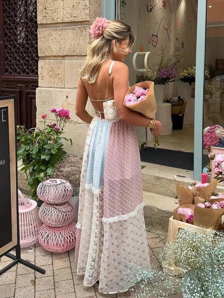 Halter Patchwork Floral Lace Panel Ribbon Tie Tiered Maxi Gown 3