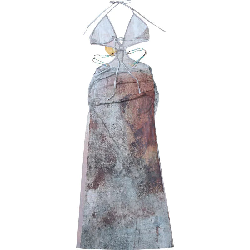 Halter Deep V-Neck Shell Embellishment Beaded Strap Cutout Maxi Dress 9