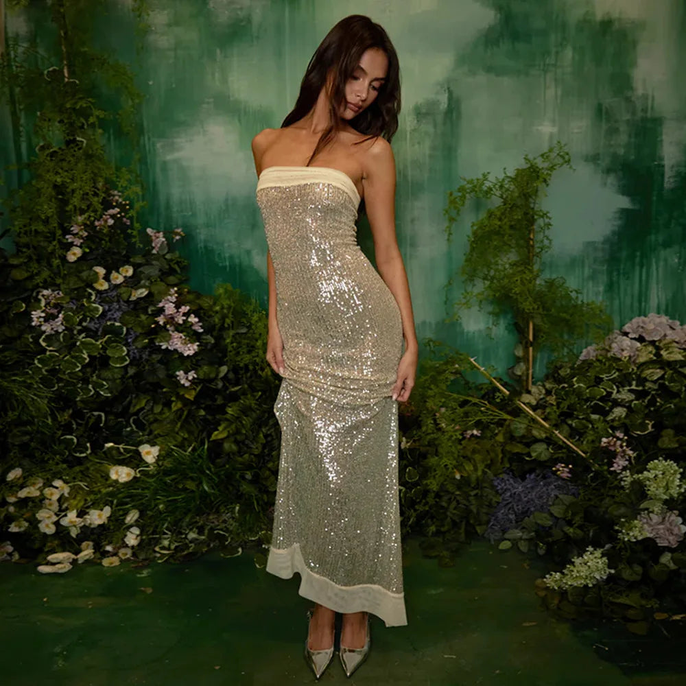 Strapless Sequin Hooded Sheer Shawl Mermaid Bodycon Maxi Gown 15