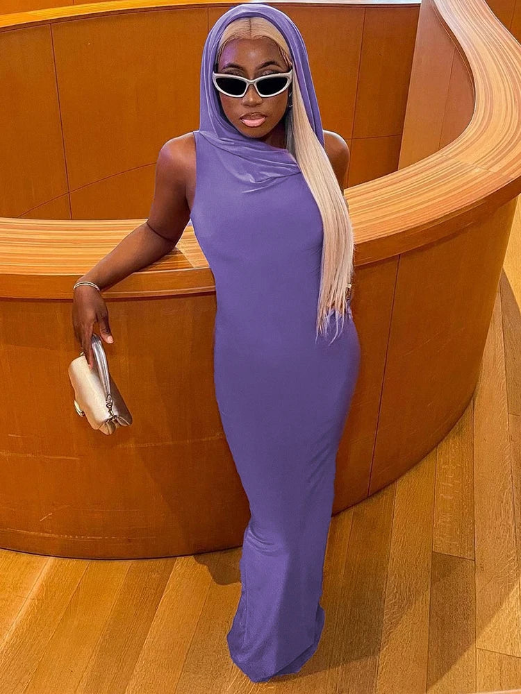 Hooded Cowl Neck Sleeveless Bodycon Maxi Dress 4