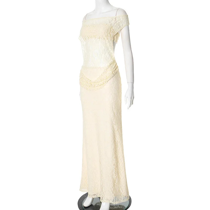 Off Shoulder Floral Lace Asymmetric Neckline Bodycon Maxi Dress 10