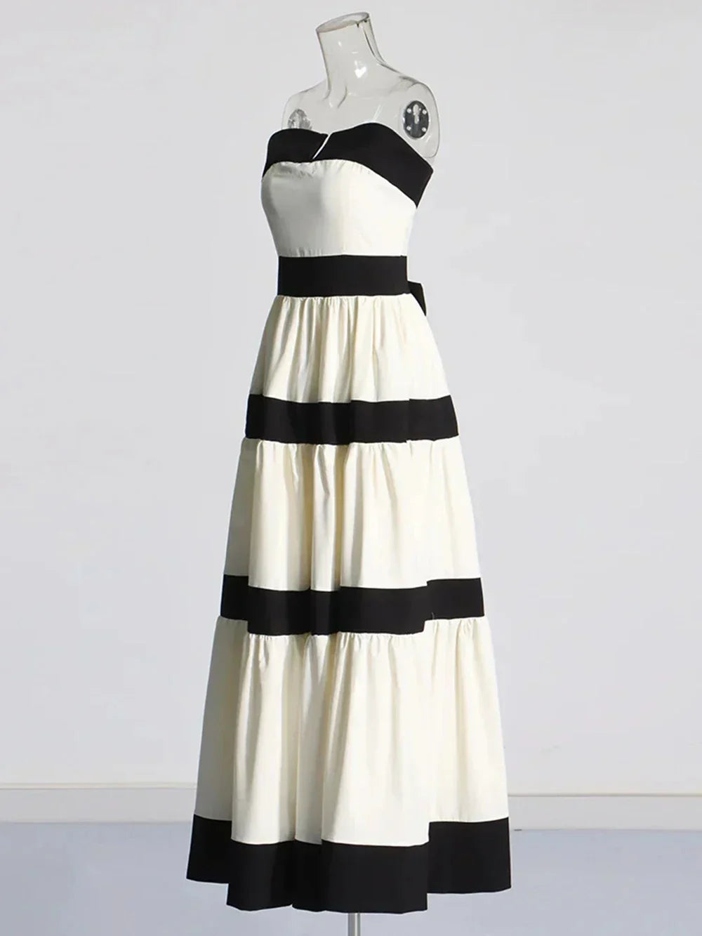 Strapless V Notch Neckline Tiered Horizontal Banded Full Skirt Gown 8