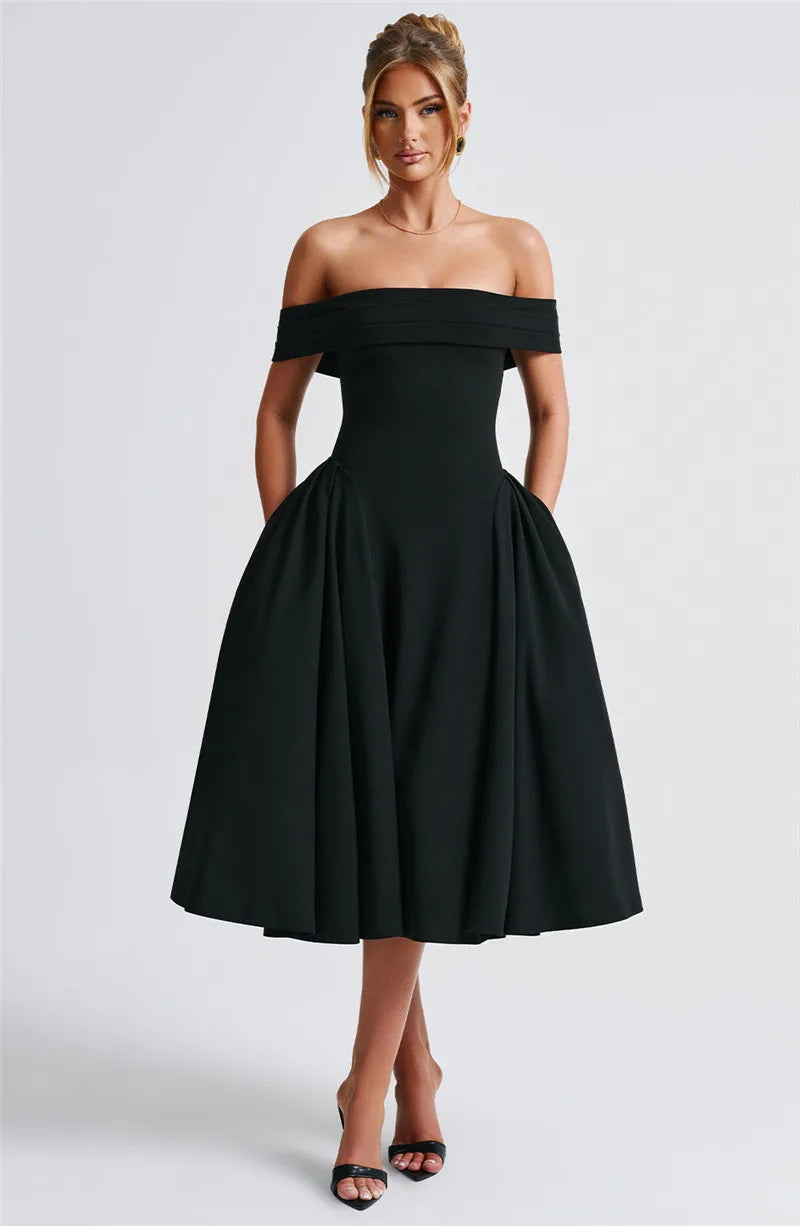 Off-Shoulder Folded Band Box Pleat Flare Midi Dress 17