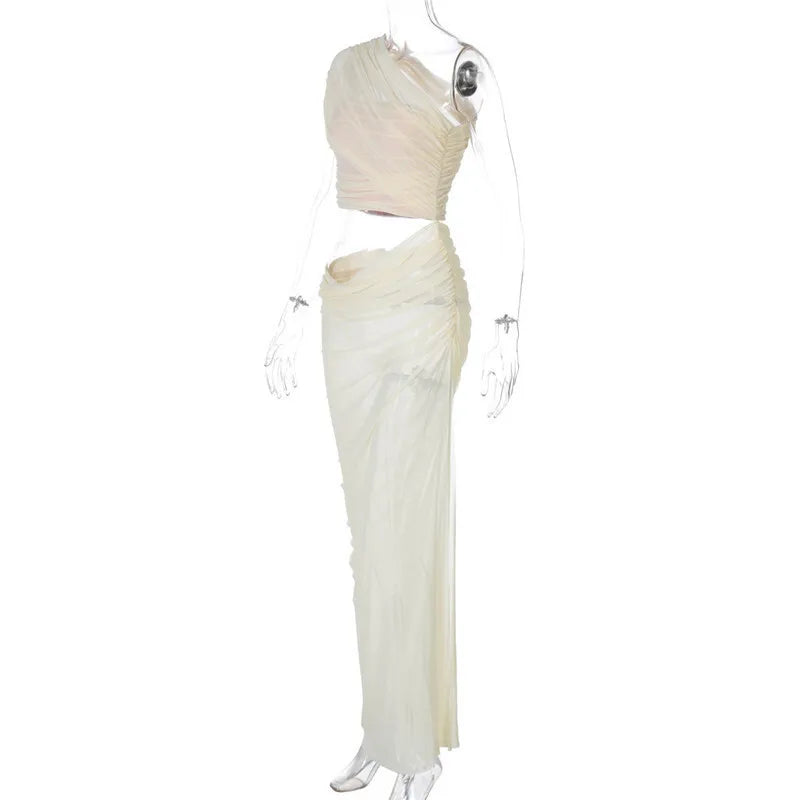 One Shoulder Mesh Draped Crop Top High Slit Maxi Skirt Set 21